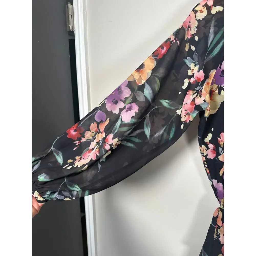 YUMI KIM Black Floral Class Act Lake Side Long Sleeve Tiered Mini Dress Size S